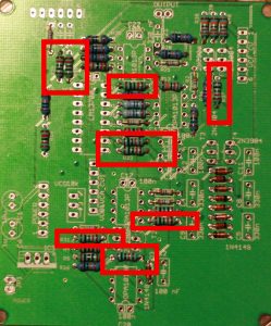 Positions of the 10k resistors on the analog PCB.